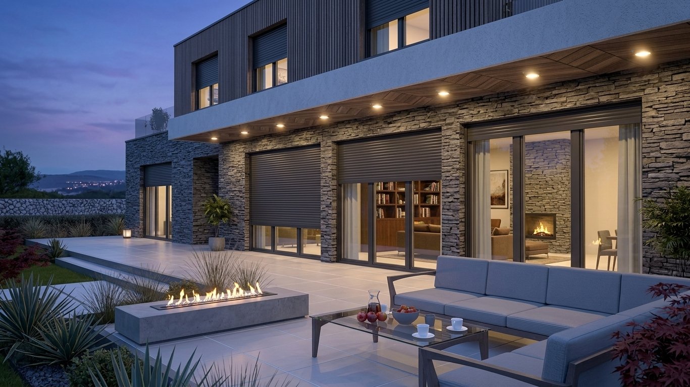 Dark aluminum rolling shutters on a stone villa facade at dusk