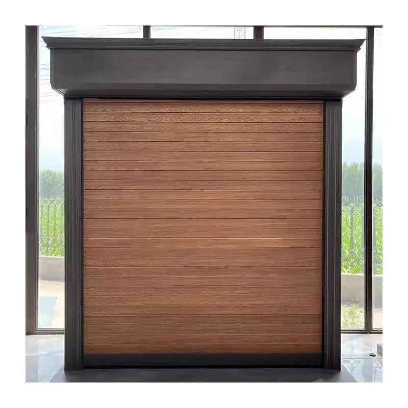 Wood-finish rolling shutter with an exposed shutter box